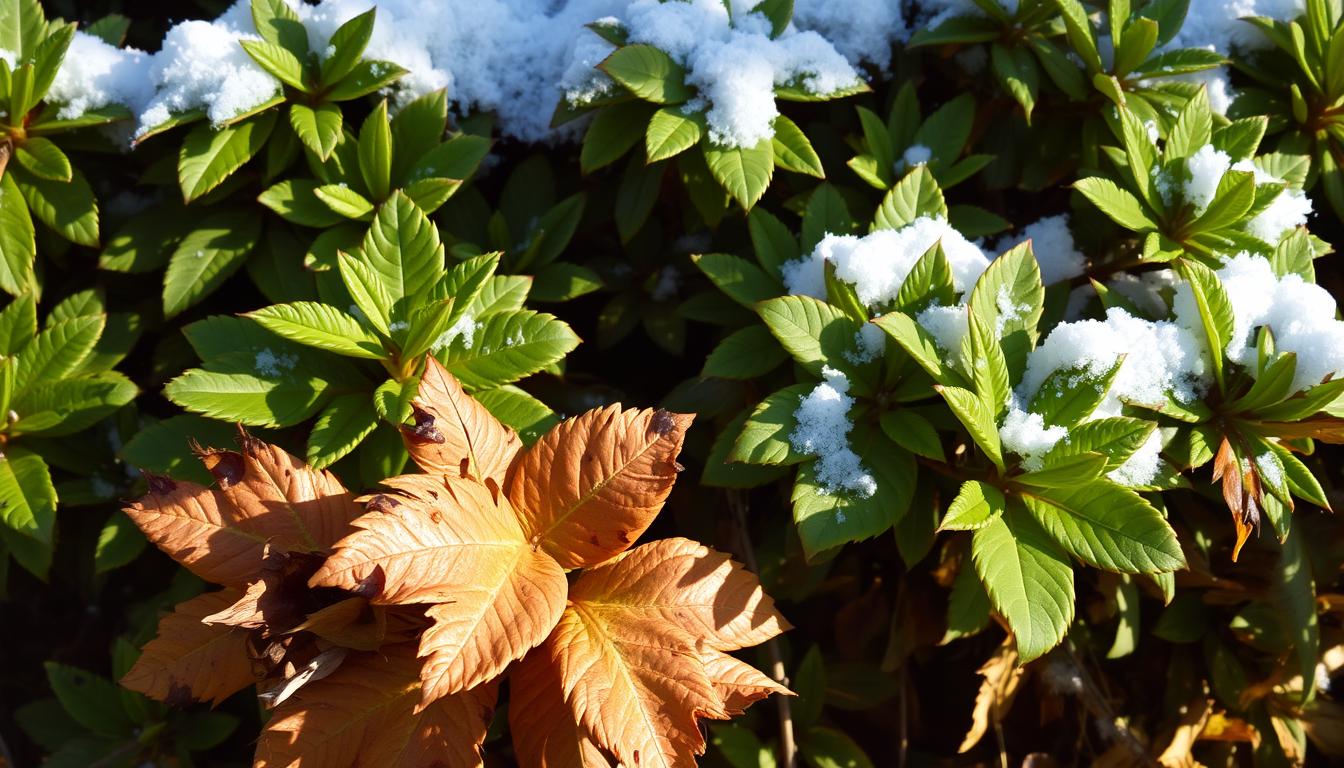 Rododendron brązowe liście po zimie